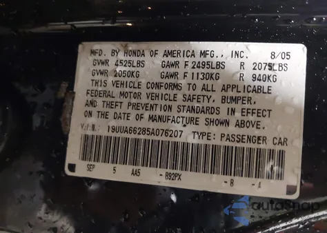 2005 Acura Tl from USA, damaged, VIN 19UUA66285A076207